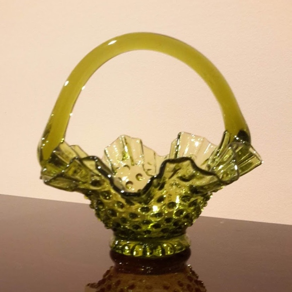 Fenton Accents Vintage Fenton Green Hobnail Colored Glass Basket